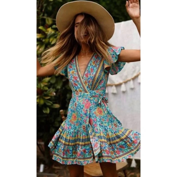 Mint Boho Floral Gypsy Short Sleeve Mini Dress - Picture 2 of 3